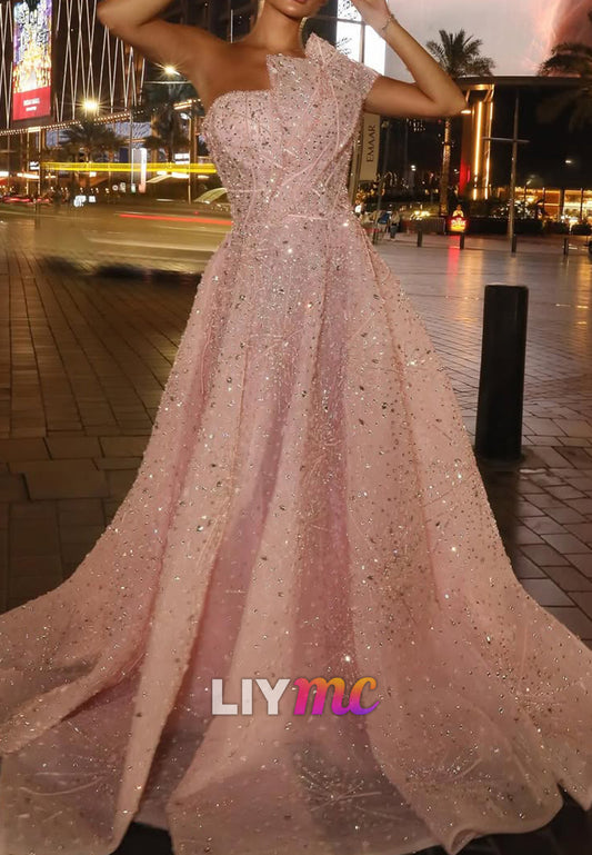 One-Shoulder Beaded A-Line Gown with Sculptural Bodice
