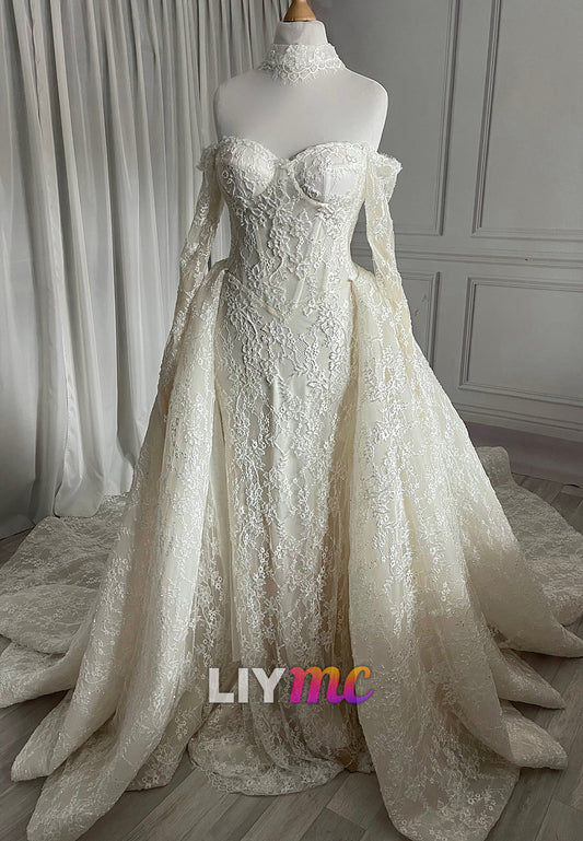 Off Shoulder Lace Corset Ball Gown with Detachable Train