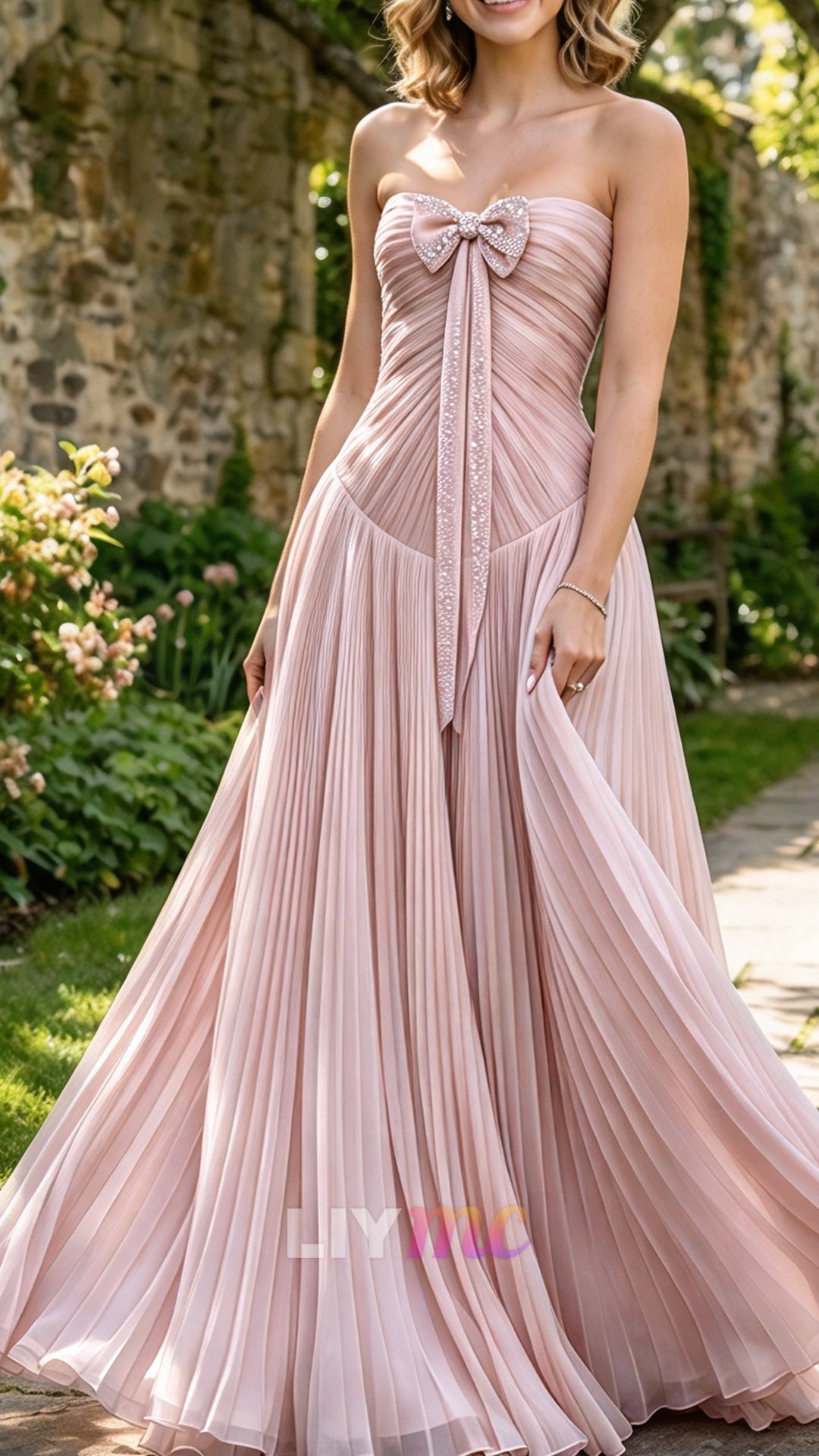 Strapless Pleated Evening Gown with Bow Accent