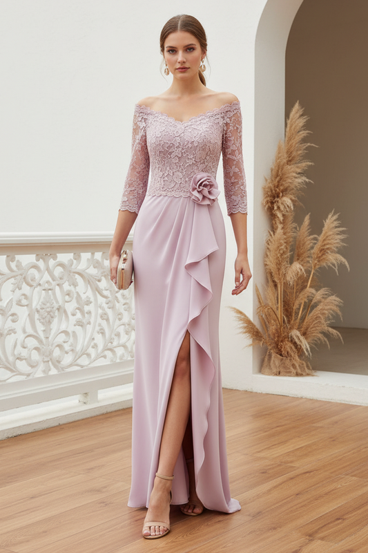 Off-Shoulder Lace Column Evening Gown