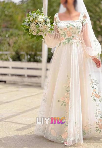 Floral Embroidered Tulle A-Line Wedding Dress