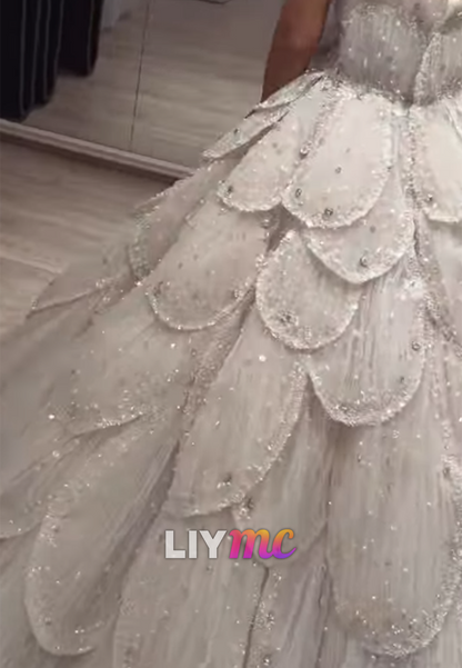Tiered Petal Ball Gown with Beaded Scallops