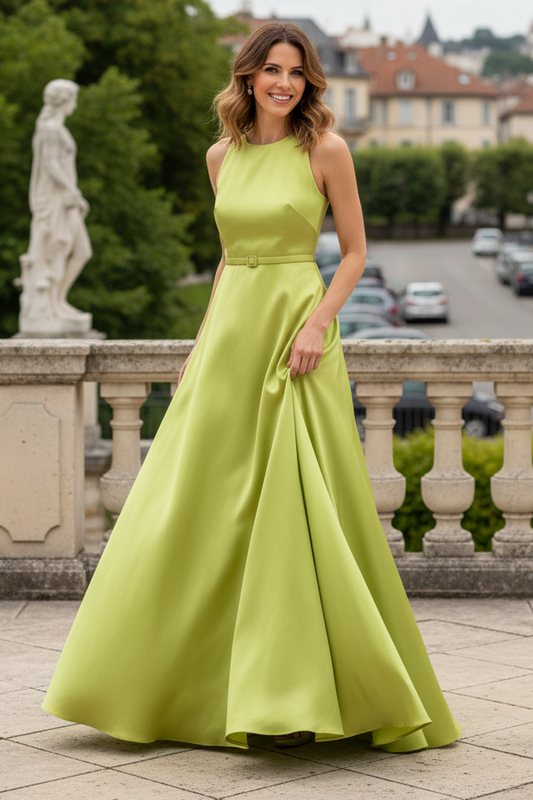 Sleeveless High-Neck Satin A-Line Evening Gown