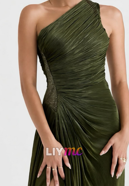 One Shoulder Ruched Slit Floor-Length Evening Gown