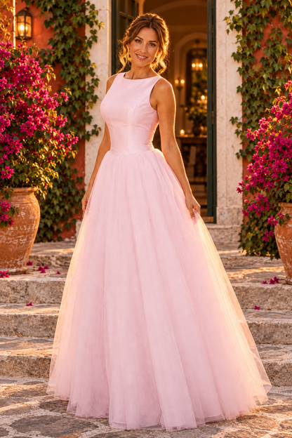 Bateau Sleeveless Tulle Ball Gown Evening Dress