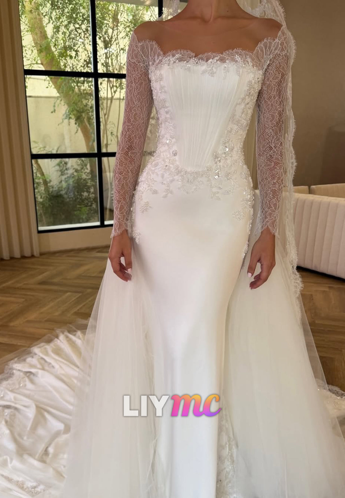 Mermaid Wedding Dress with Lace Sleeves & Corset