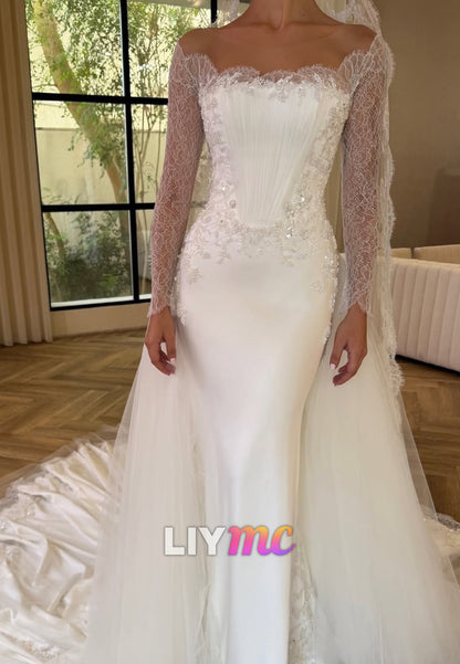 Mermaid Wedding Dress with Lace Sleeves & Corset