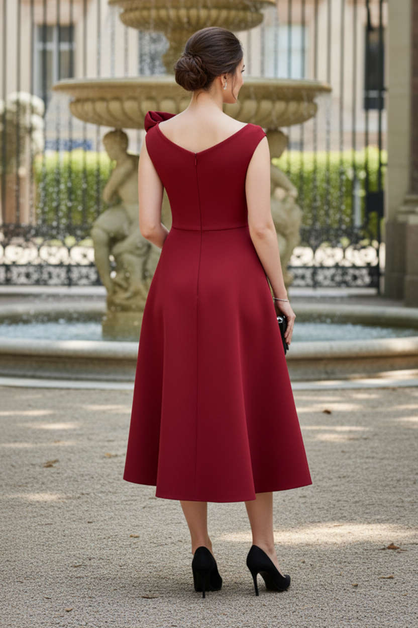 Asymmetrical Neckline Midi Dress with Rosette