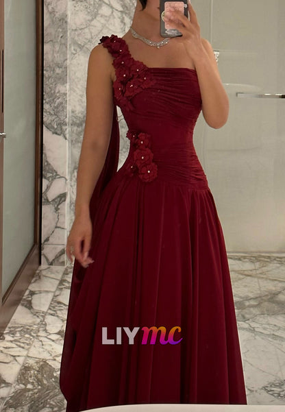 One-Shoulder Ruched Gown with Floral Appliques