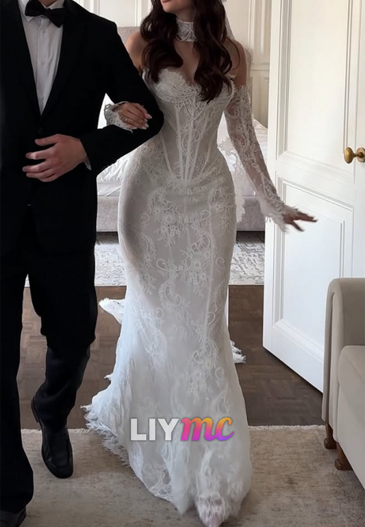Long Sleeve Lace Mermaid Wedding Dress with Train