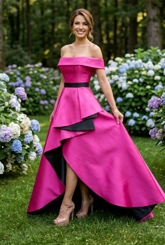 Off-the-Shoulder Tiered High-Low Gown
