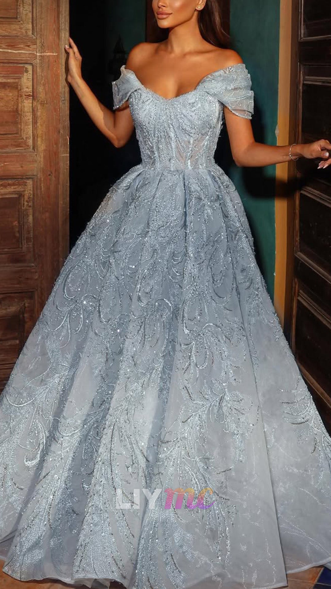 Off-Shoulder Sequin Ball Gown with Corset Bodice