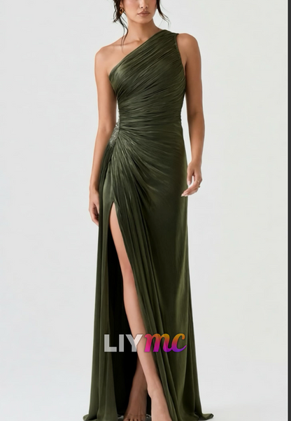 One Shoulder Ruched Slit Floor-Length Evening Gown