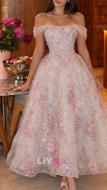 Off-the-Shoulder 3D Floral Sequin Ankle Dress