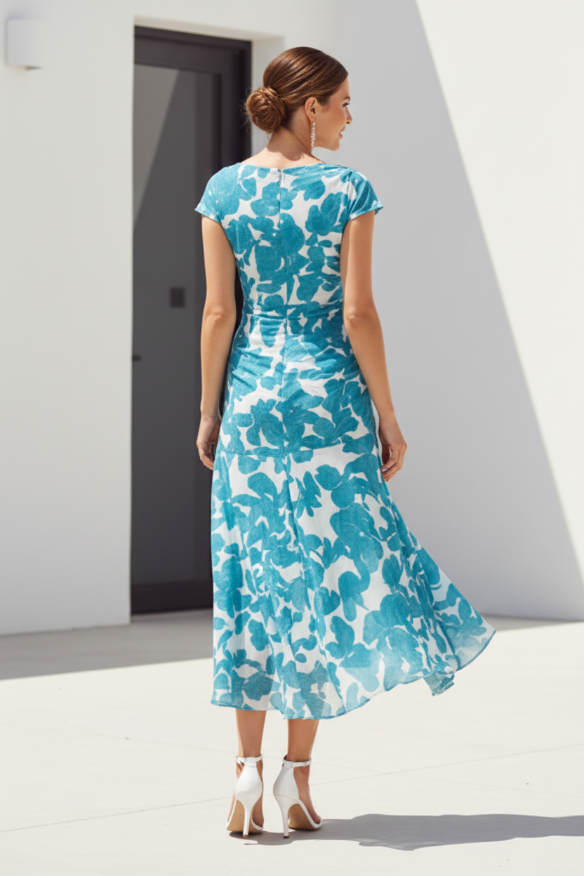 Asymmetrical Floral Ruched High-Low Midi Dress