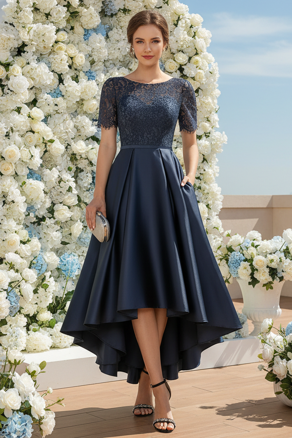 Lace and Satin High-Low Evening Dress with Pockets
