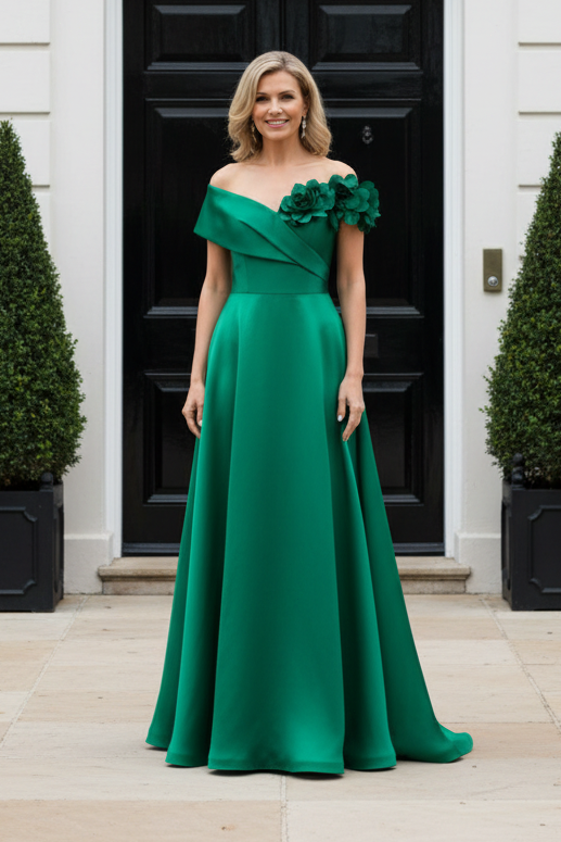 Off-the-Shoulder 3D Floral Satin A-Line Gown