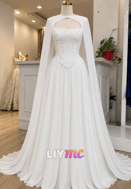 Strapless Lace Applique A-Line Wedding Dress with Cape