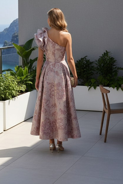 One-Shoulder Ruffle Jacquard A-Line Midi Dress