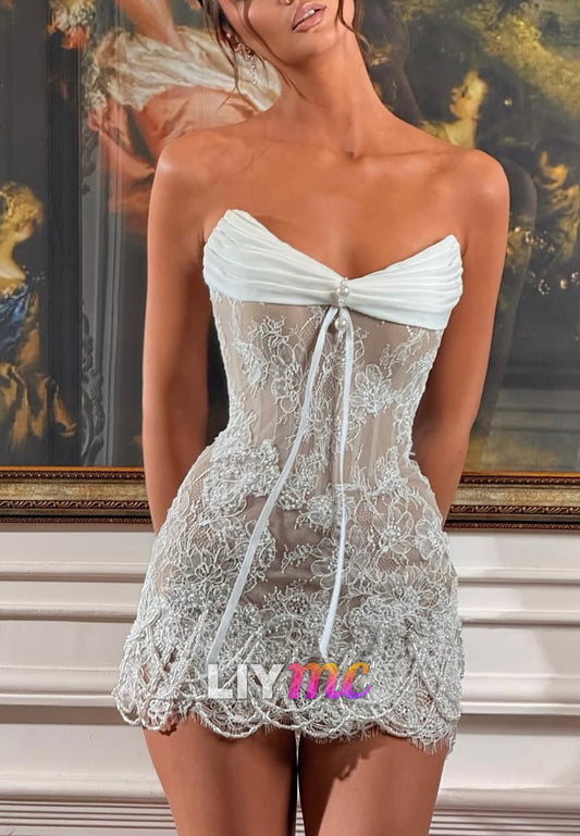 Strapless Corset Lace Mini Dress with Pearl Details