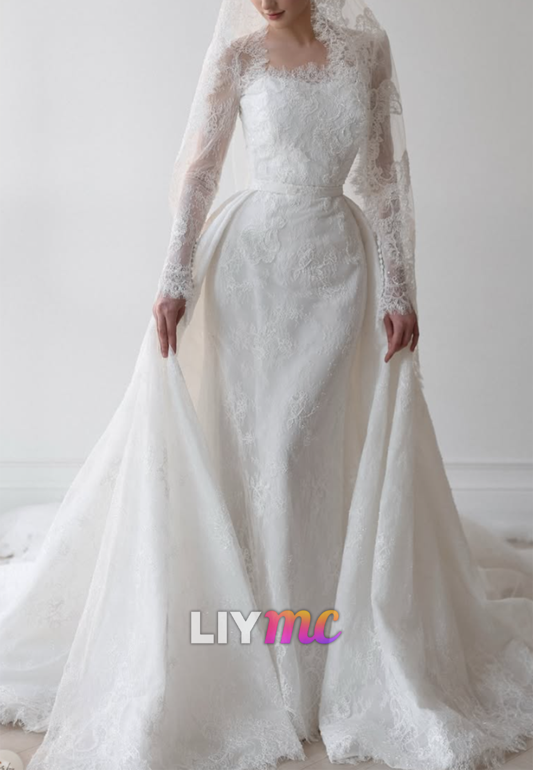 Lace Long Sleeve Wedding Dress with Overskirt