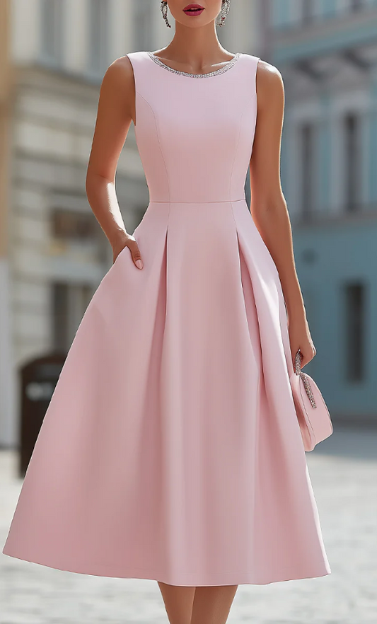 A-Line Pleated Midi Dress with Beaded Neckline