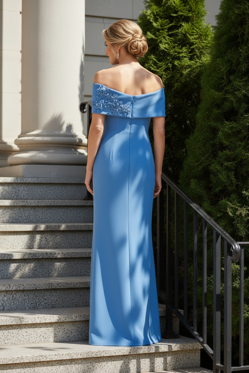 Off-the-Shoulder Column Gown with 3D Flowers