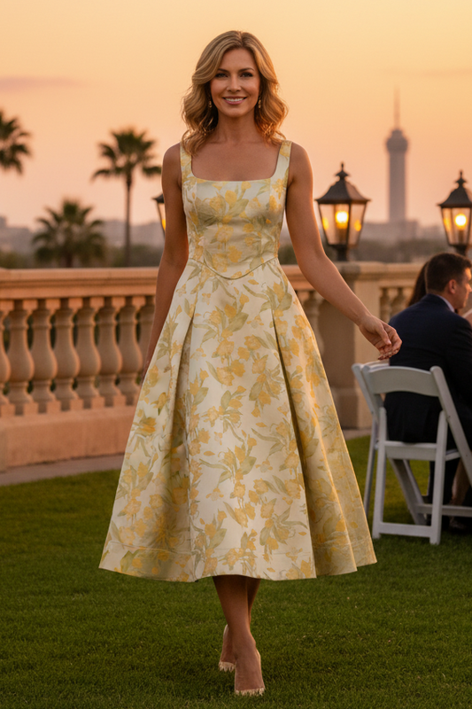 Square Neck Floral Pleated A-Line Midi Dress