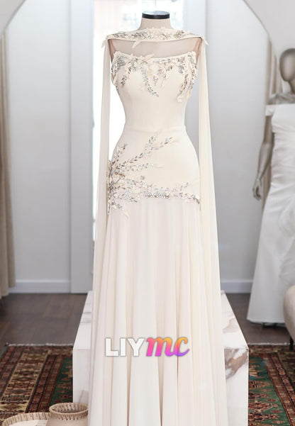 Floral Beaded Illusion Cape Sleeve Evening Gown