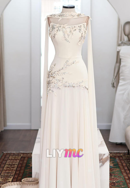 Floral Beaded Illusion Cape Sleeve Evening Gown