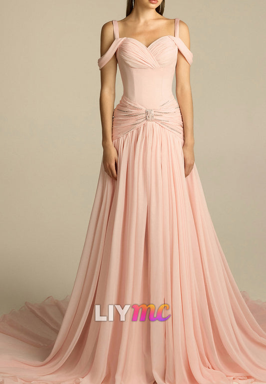 Off-Shoulder Sweetheart A-Line Evening Gown with Train