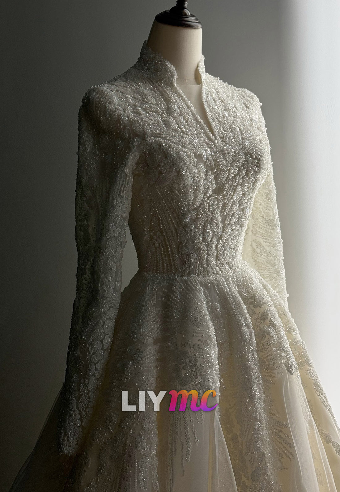 Long Sleeve High Neck Beaded A-Line Wedding Dress