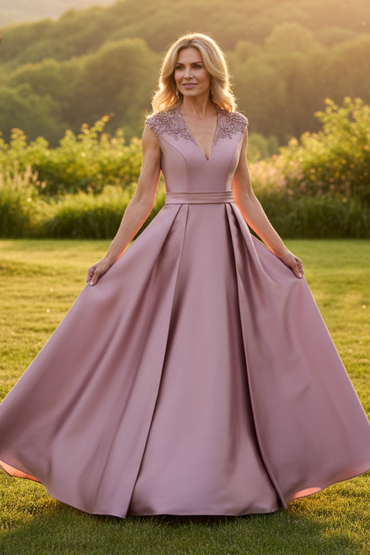 Beaded V-Neck Satin A-Line Evening Gown