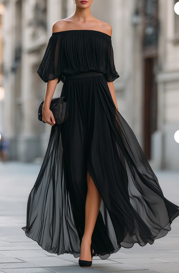 Off-the-Shoulder Pleated Chiffon Maxi Dress