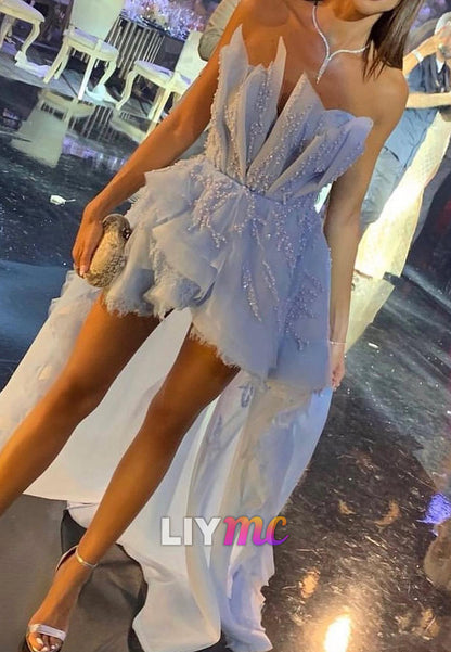 Pearl Beaded Ruffle Hi-Lo Tulle Gown with High Slit