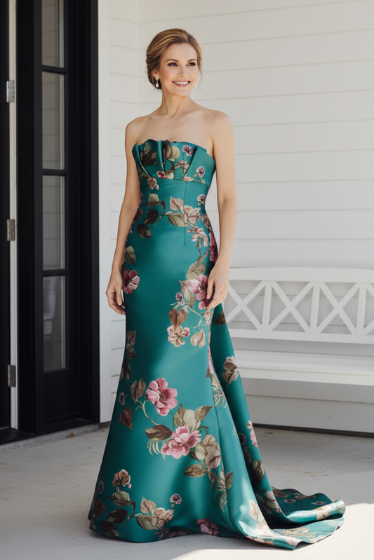 Strapless Floral Satin Column Gown with Sculpted Neckline