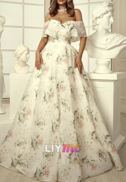Off-the-Shoulder Floral Print A-Line Gown