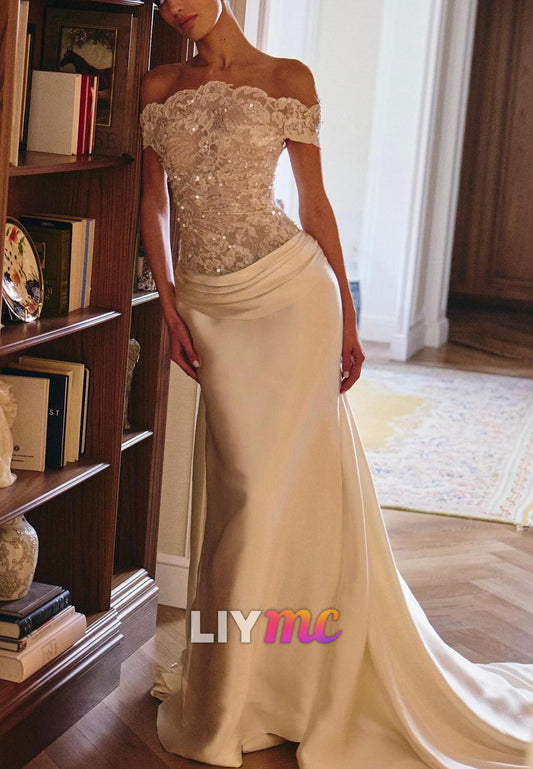 Off-the-Shoulder Lace and Satin Mermaid Wedding Dress