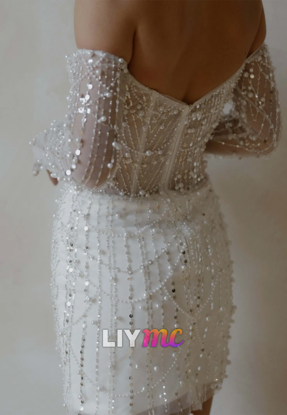 Pearl Sequin Beaded Mini Wedding Dress with Sleeves
