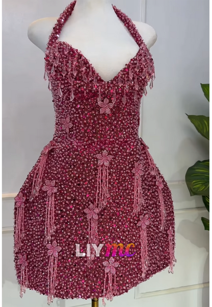 Halter Neck Beaded Mini Dress with 3D Flowers