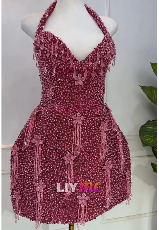 Halter Neck Beaded Mini Dress with 3D Flowers