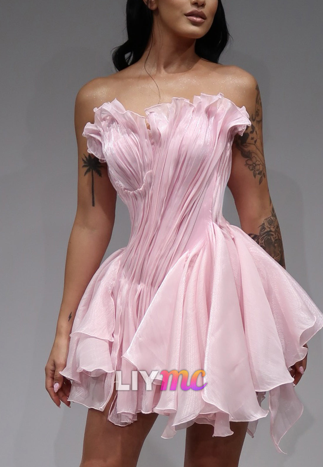 Ruffled Strapless Pleated Corset Fit-and-Flare Mini Dress