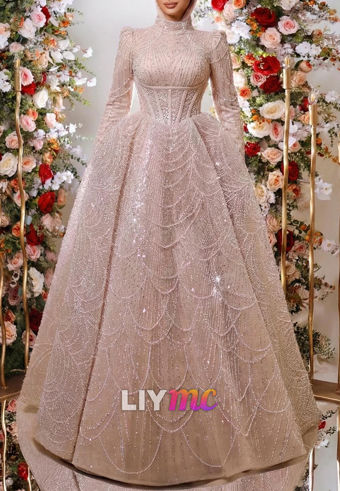 High-Neck Beaded Corset Ball Gown with Long Sleeves