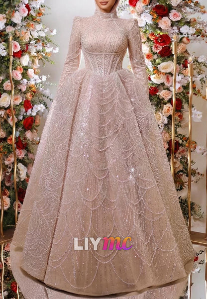 High-Neck Beaded Corset Ball Gown with Long Sleeves