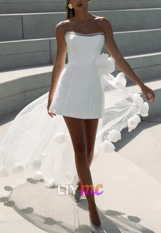 Strapless Corset Mini Wedding Dress with Floral Train