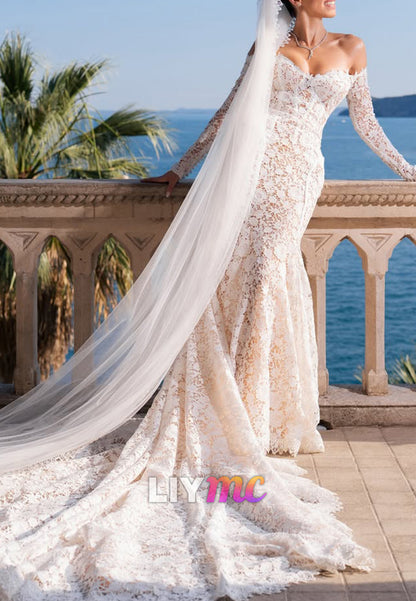 Off-Shoulder Lace Mermaid Wedding Dress with Train