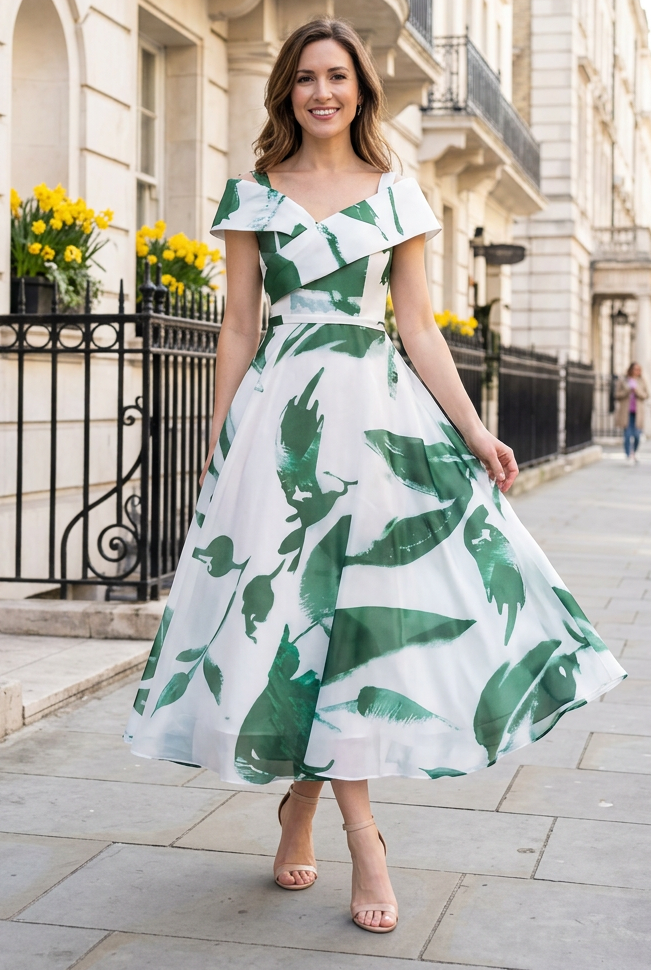 Cold-Shoulder Botanical Print A-Line Midi Dress
