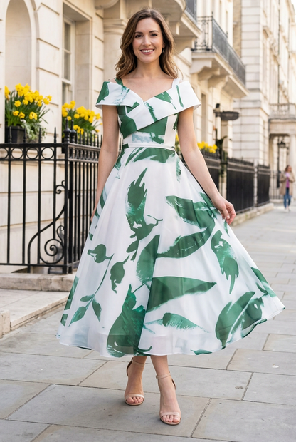 Cold-Shoulder Botanical Print A-Line Midi Dress