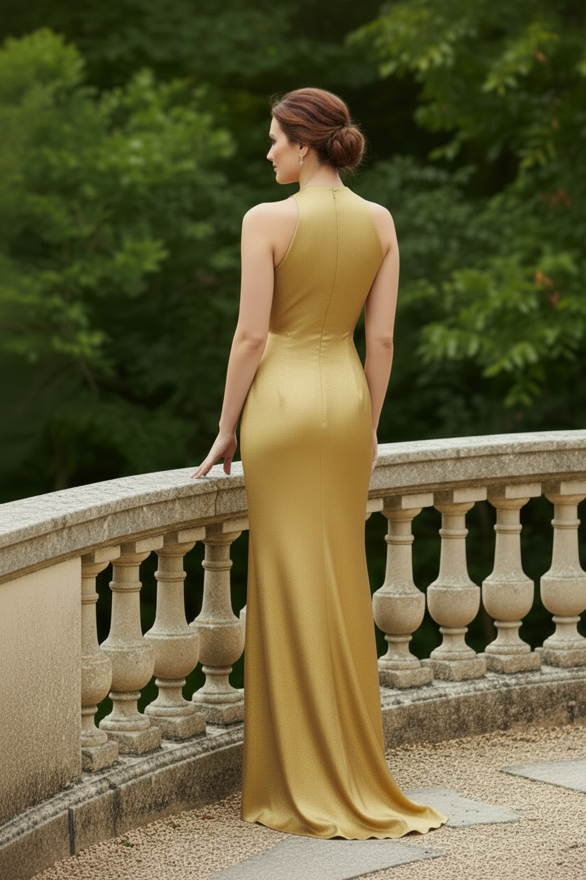 3D Floral Applique Metallic Halter Gown