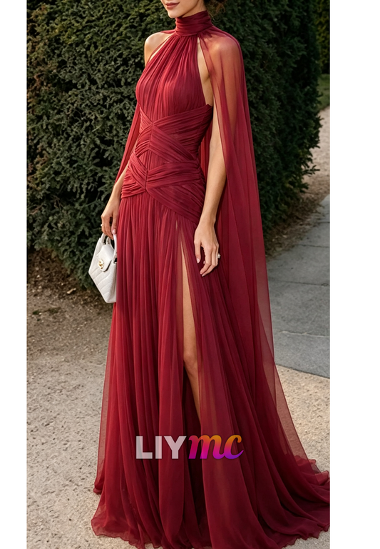 High Neck Cape Sleeve Pleated Evening Gown with Slit